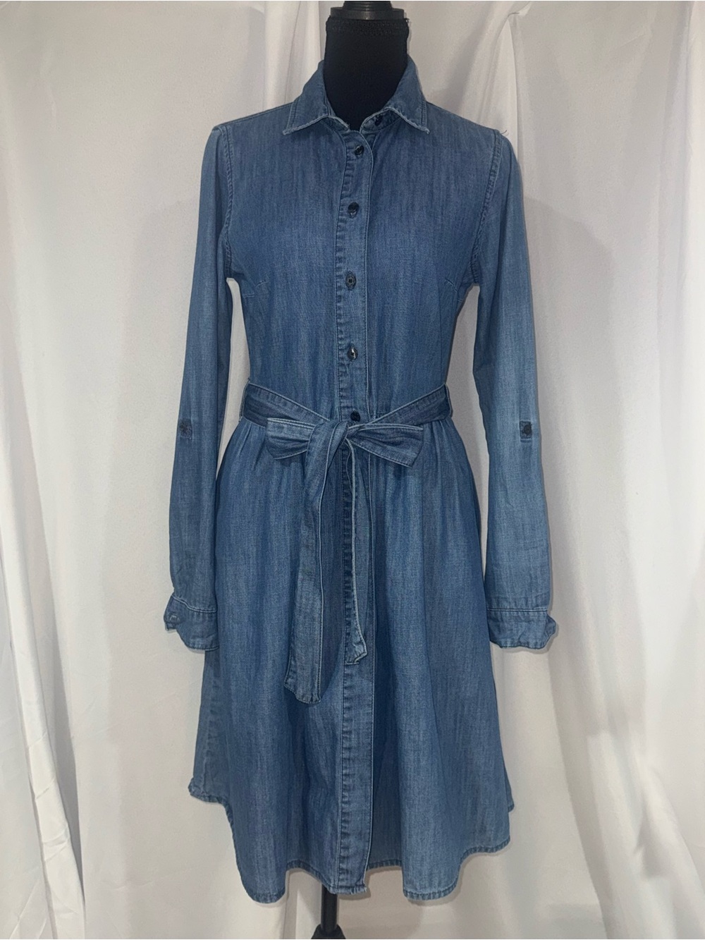 Draper James Denim Chambray Tie-Waist Long Sleeve Dress - Light Blue